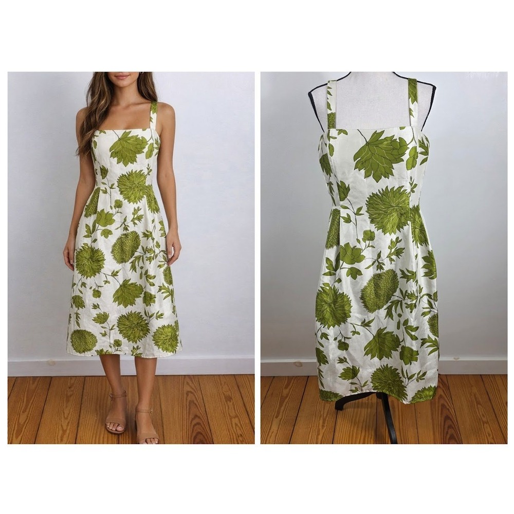 J Howard Floral Midi Dress Womens 12P Green White Square Neck Fit Flare Garden